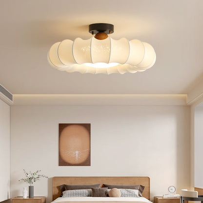 Traditional Vintage Circular Silk Shade Iron Solid Wooden Base LED Semi-flush Mount Ceiling Light for Bedroom