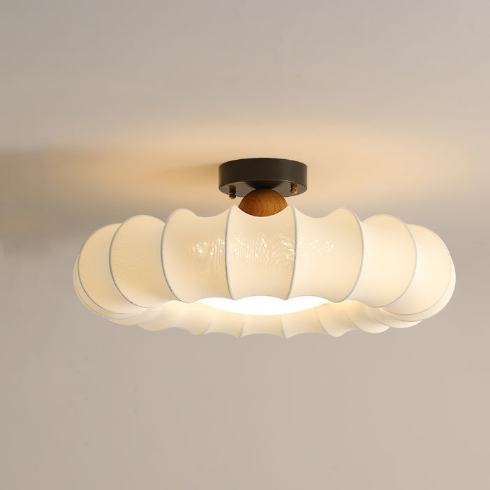 Traditional Vintage Circular Silk Shade Iron Solid Wooden Base LED Semi-flush Mount Ceiling Light for Bedroom