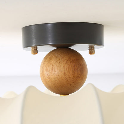 Traditional Vintage Circular Silk Shade Iron Solid Wooden Base LED Semi-flush Mount Ceiling Light for Bedroom