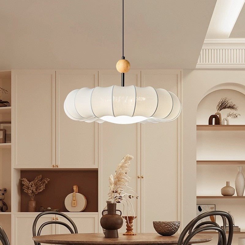 Traditional Vintage Circular Silk Shade Iron Solid Wooden Base 3-Light Pendant Light For Bedroom