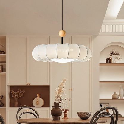 Traditional Vintage Circular Silk Shade Iron Solid Wooden Base 3-Light Pendant Light For Bedroom