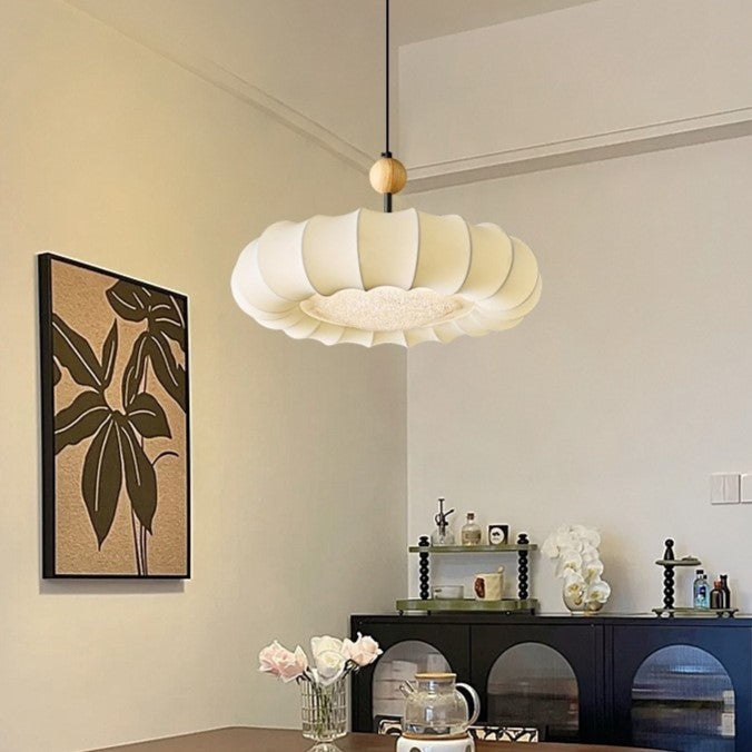 Traditional Vintage Circular Silk Shade Iron Solid Wooden Base 3-Light Pendant Light For Bedroom