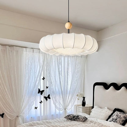 Traditional Vintage Circular Silk Shade Iron Solid Wooden Base 3-Light Pendant Light For Bedroom