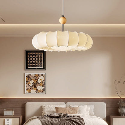 Traditional Vintage Circular Silk Shade Iron Solid Wooden Base 3-Light Pendant Light For Bedroom