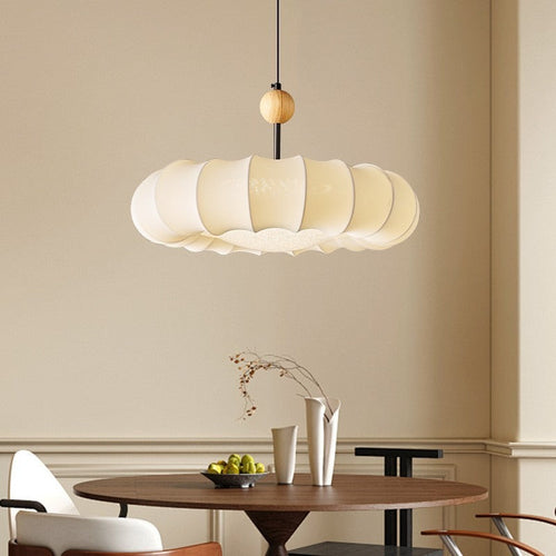 Traditional Vintage Circular Silk Shade Iron Solid Wooden Base 3-Light Pendant Light For Bedroom