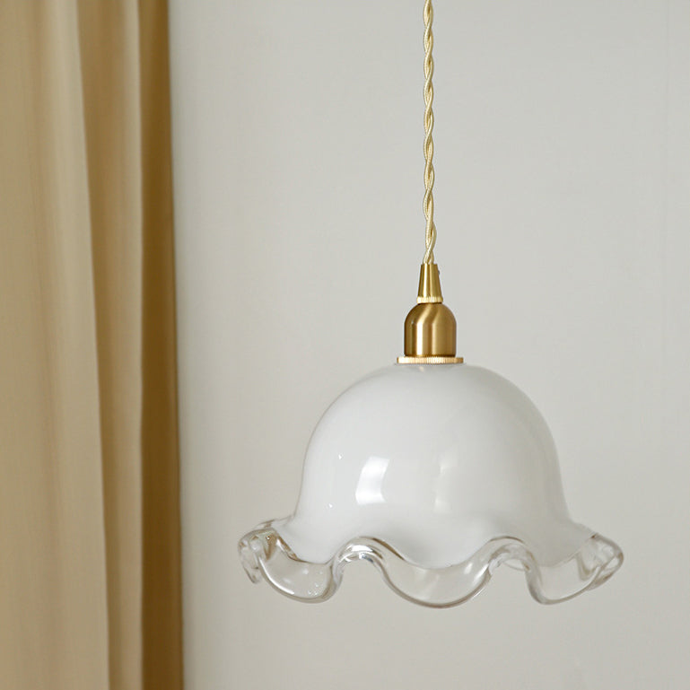 Traditional French Flower Glass Shade Brass 1-Light Pendant Light For Living Room