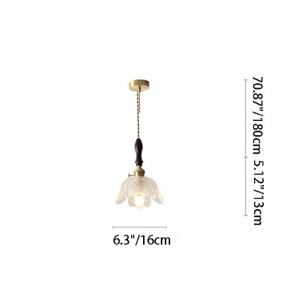 Traditional Vintage Round Pod Glass Shade Full Copper Wood 1-Light Pendant Light For Living Room