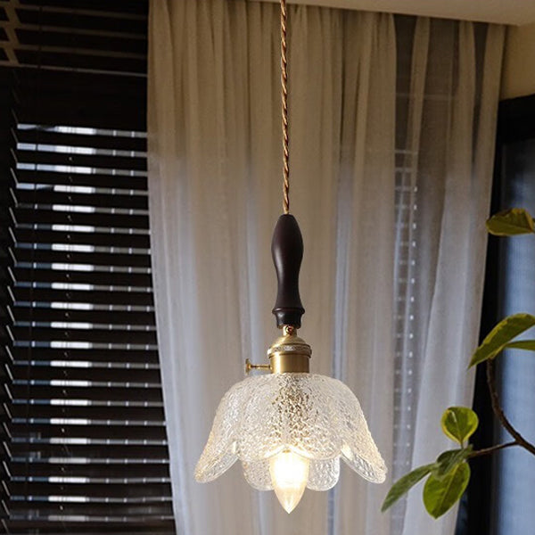 Traditional Vintage Round Pod Glass Shade Full Copper Wood 1-Light Pendant Light For Living Room