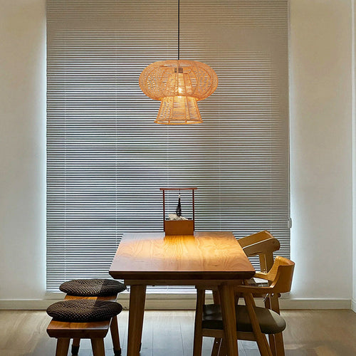 Contemporary Japanese Oval Trapezoidal Rattan 1-Light Pendant Light For Living Room