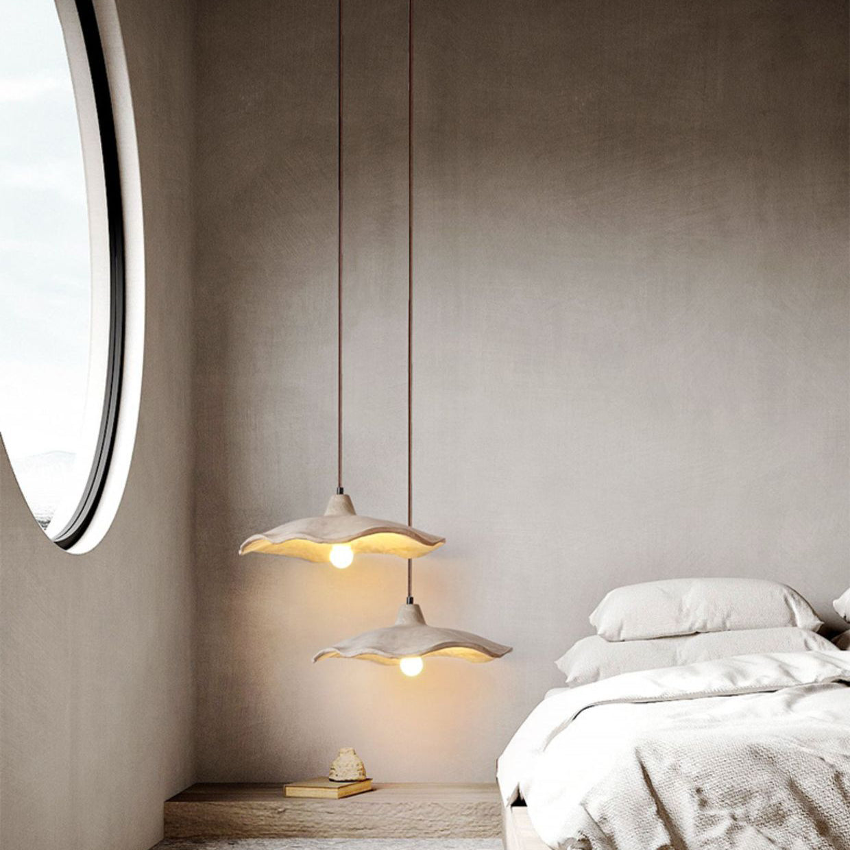 Traditional Japanese Irregular Round Cement 1-light Pendant Light for Bedroom BulbSquare