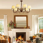 Traditional Rustic Branch Curved Rod Candelabra Cylinder Fabric Shade Iron Frame 3/6/8/10 Light Chandelier for Living Room BulbSquare