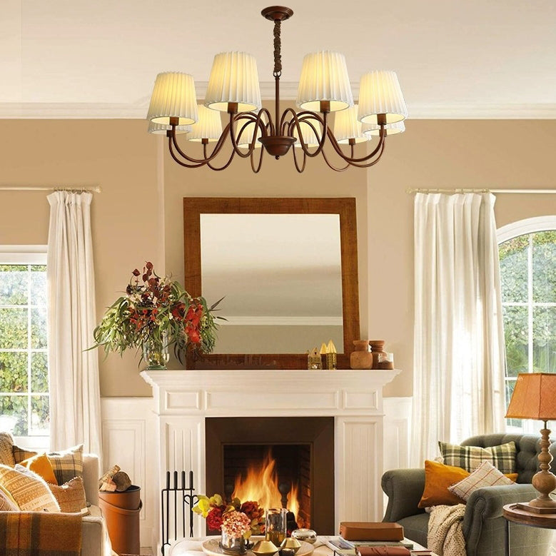 Traditional Rustic Branch Curved Rod Candelabra Cylinder Fabric Shade Iron Frame 3/6/8/10 Light Chandelier for Living Room BulbSquare