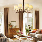 Traditional Rustic Branch Curved Rod Candelabra Cylinder Fabric Shade Iron Frame 3/6/8/10 Light Chandelier for Living Room BulbSquare