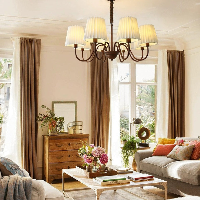 Traditional Rustic Branch Curved Rod Candelabra Cylinder Fabric Shade Iron Frame 3/6/8/10 Light Chandelier for Living Room