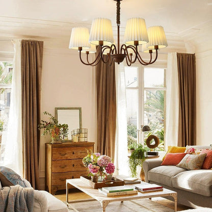 Traditional Rustic Branch Curved Rod Candelabra Cylinder Fabric Shade Iron Frame 3/6/8/10 Light Chandelier for Living Room