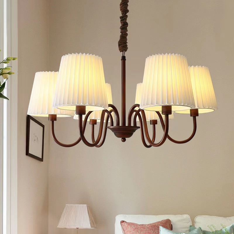 Traditional Rustic Branch Curved Rod Candelabra Cylinder Fabric Shade Iron Frame 3/6/8/10 Light Chandelier for Living Room