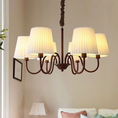 Traditional Rustic Branch Curved Rod Candelabra Cylinder Fabric Shade Iron Frame 3/6/8/10 Light Chandelier for Living Room