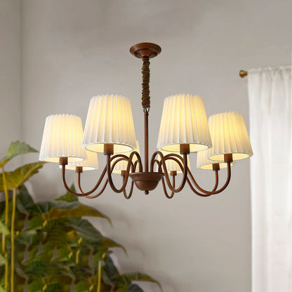 Traditional Rustic Branch Curved Rod Candelabra Cylinder Fabric Shade Iron Frame 3/6/8/10 Light Chandelier for Living Room