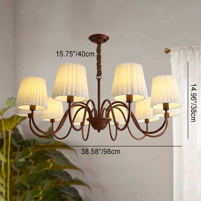 Traditional Rustic Branch Curved Rod Candelabra Cylinder Fabric Shade Iron Frame 3/6/8/10 Light Chandelier for Living Room