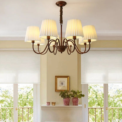 Traditional Rustic Branch Curved Rod Candelabra Cylinder Fabric Shade Iron Frame 3/6/8/10 Light Chandelier for Living Room