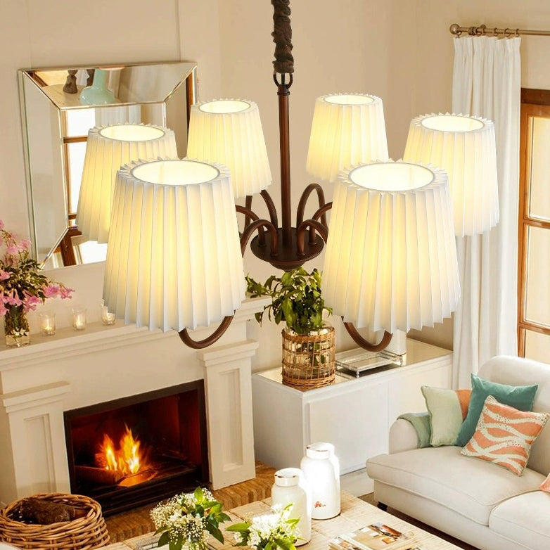 Traditional Rustic Branch Curved Rod Candelabra Cylinder Fabric Shade Iron Frame 3/6/8/10 Light Chandelier for Living Room BulbSquare