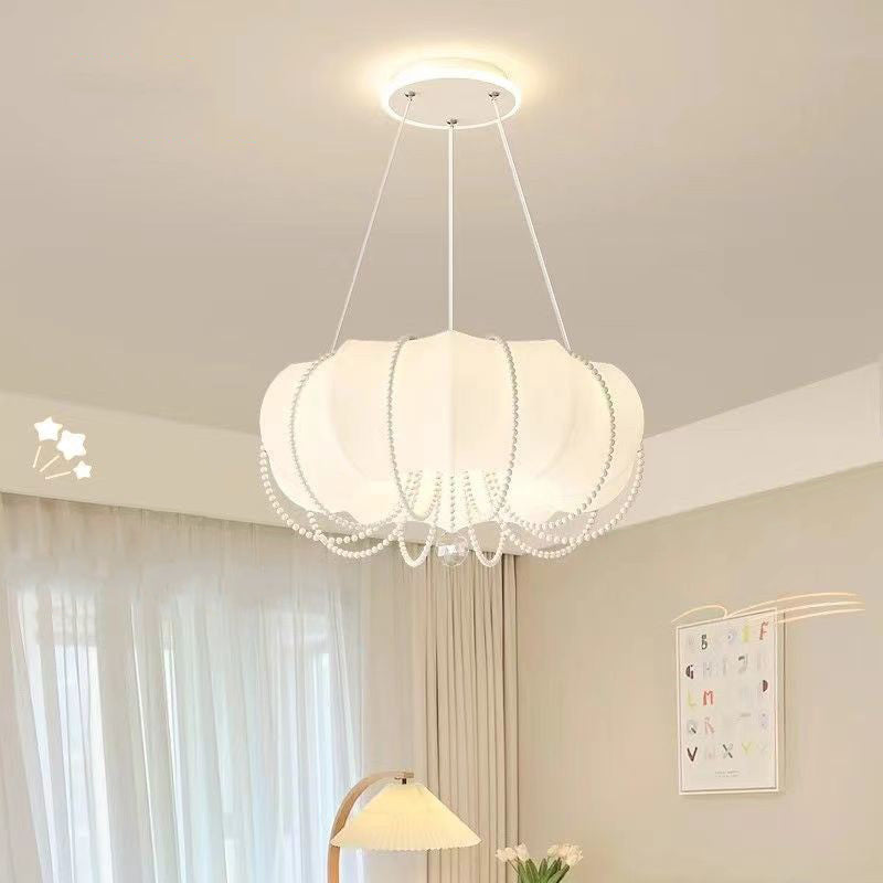 Modern Minimalist Round Cloud Shape Faux Pearl Chain Iron PE Shade LED Pendant Light For Bedroom