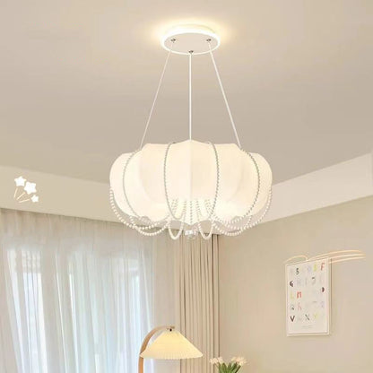 Modern Minimalist Round Cloud Shape Faux Pearl Chain Iron PE Shade LED Pendant Light For Bedroom
