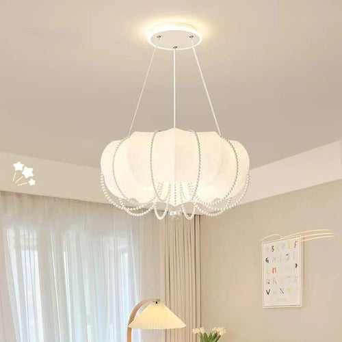Modern Minimalist Round Cloud Shape Faux Pearl Chain Iron PE Shade LED Pendant Light For Bedroom