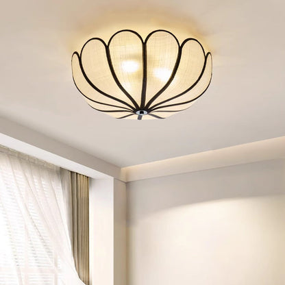 Modern Minimalist Round Petal Plant Fiber 3-Light Flush Mount Ceiling Light For Living Room