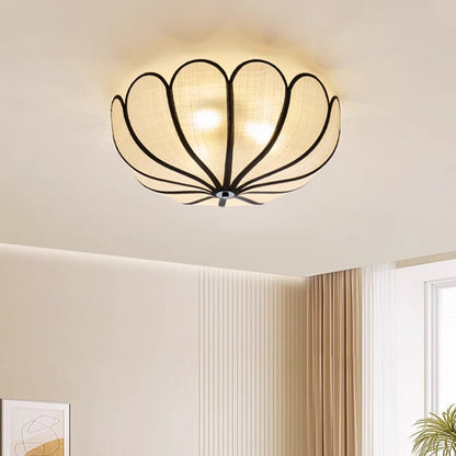 Modern Minimalist Round Petal Plant Fiber 3-Light Flush Mount Ceiling Light For Living Room