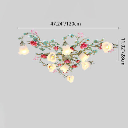 Traditional French Branch Simulation Rose Flower Glass Shade Iron Frame 9-light Flush Mount Ceiling Light for Living Room