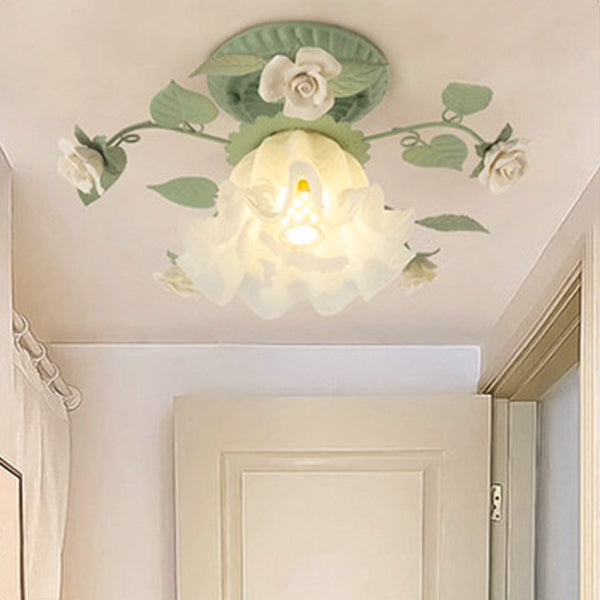 Traditional French Bellflower Leaf Iron Ceramic Glass Shade 1-light Semi-flush Mount Ceiling Light for Living Room
