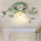 Traditional French Bellflower Leaf Iron Ceramic Glass Shade 1-light Semi-flush Mount Ceiling Light for Living Room BulbSquare