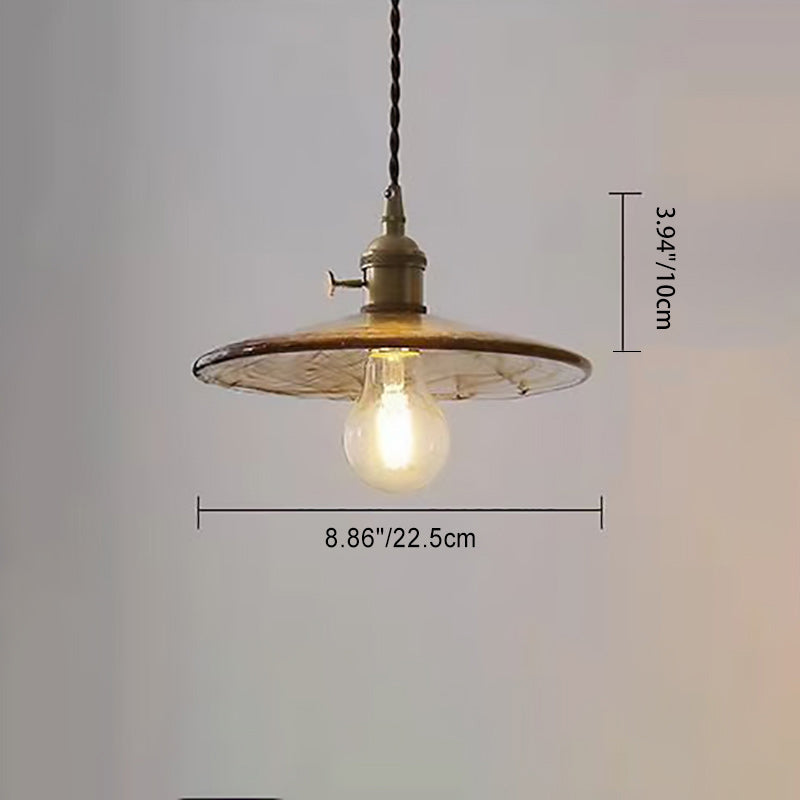 Traditional Vintage Round Wood Brass Glass Shade 1-Light Pendant Light For Living Room