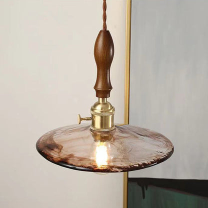 Traditional Vintage Round Wood Brass Glass Shade 1-Light Pendant Light For Living Room