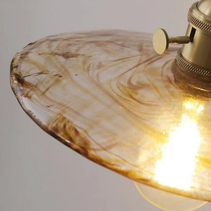 Traditional Vintage Round Wood Brass Glass Shade 1-Light Pendant Light For Living Room