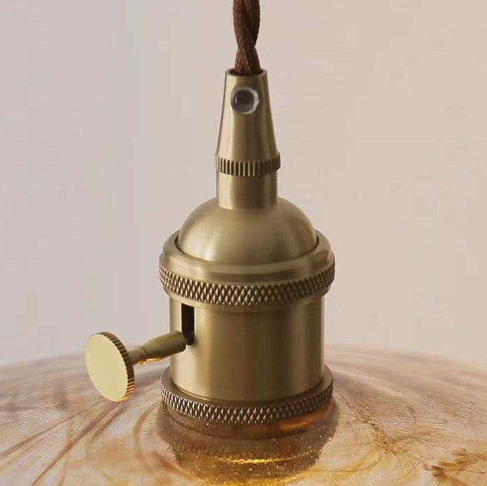 Traditional Vintage Round Wood Brass Glass Shade 1-Light Pendant Light For Living Room