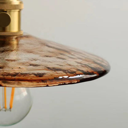 Traditional Vintage Round Wood Brass Glass Shade 1-Light Pendant Light For Living Room