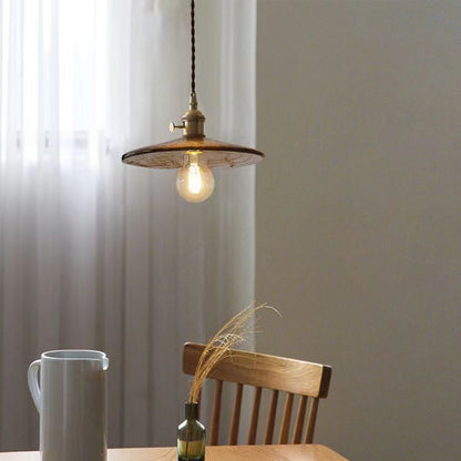 Traditional Vintage Round Wood Brass Glass Shade 1-Light Pendant Light For Living Room