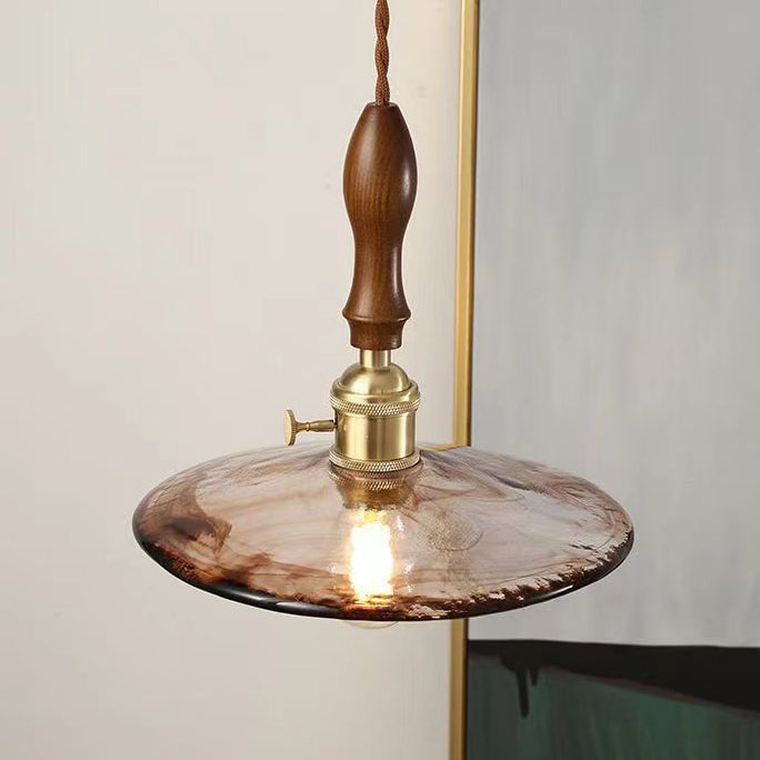 Traditional Vintage Round Wood Brass Glass Shade 1-Light Pendant Light For Living Room