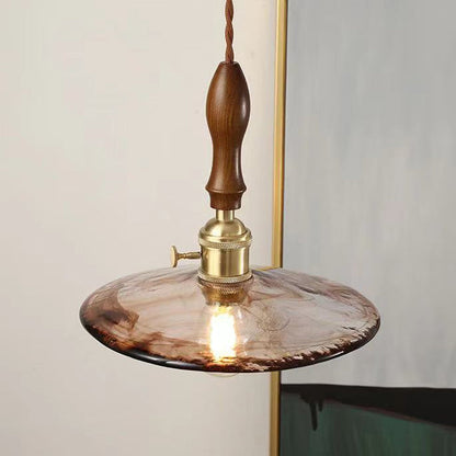 Traditional Vintage Round Wood Brass Glass Shade 1-Light Pendant Light For Living Room