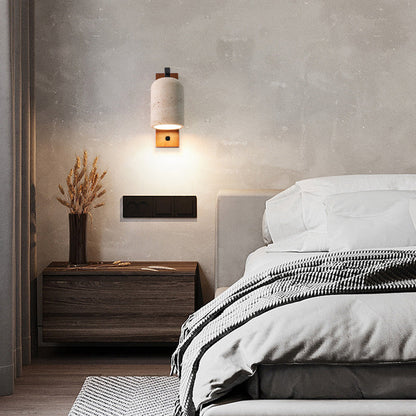 Traditional Japanese Cylinder Rectangle Solid Wood Backboard Yellow Travertine Shade 1-Light Wall Sconce Lamp For Bedroom