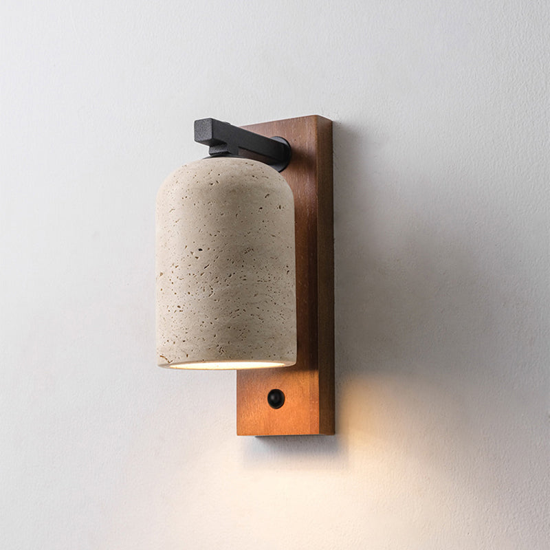 Traditional Japanese Cylinder Rectangle Solid Wood Backboard Yellow Travertine Shade 1-Light Wall Sconce Lamp For Bedroom
