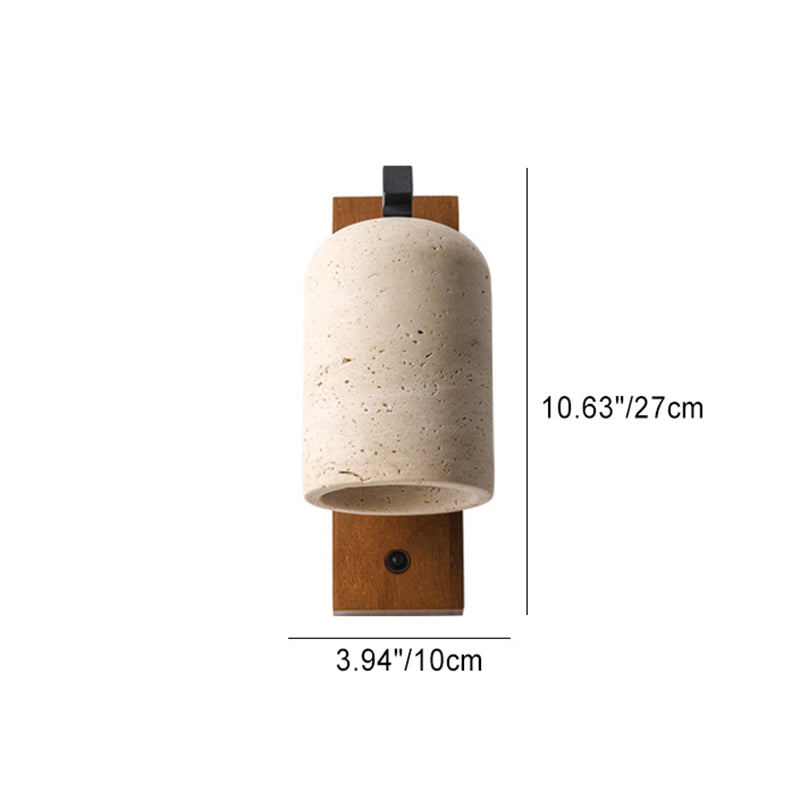 Traditional Japanese Cylinder Rectangle Solid Wood Backboard Yellow Travertine Shade 1-Light Wall Sconce Lamp For Bedroom