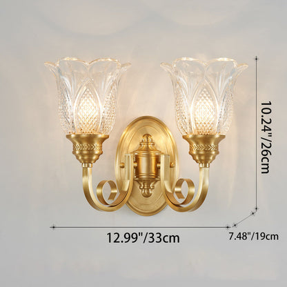 Contemporary Luxury Curved Pole Flower Cup Shape Copper Glass 1/2 Light Wall Sconce Lamp For Living Room