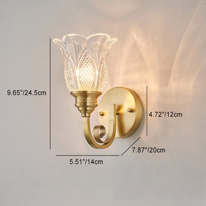 Contemporary Luxury Curved Pole Flower Cup Shape Copper Glass 1/2 Light Wall Sconce Lamp For Living Room