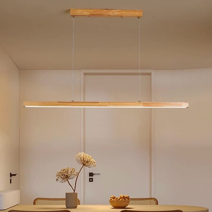 Traditional Japanese Rectangular Bar Wood Aluminum Pc LED Island Light Chandelier for Dining Room