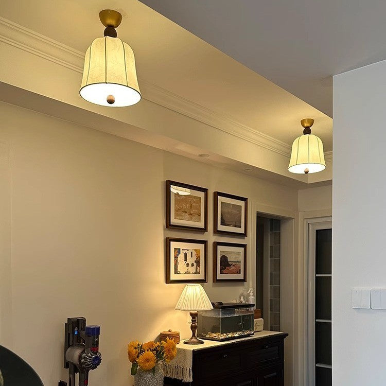 Traditional French Round Birdcage Shape Fabric Wood Metal 1-light Semi-flush Mount Ceiling Light for Living Room