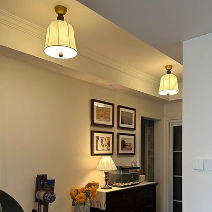Traditional French Round Birdcage Shape Fabric Wood Metal 1-light Semi-flush Mount Ceiling Light for Living Room