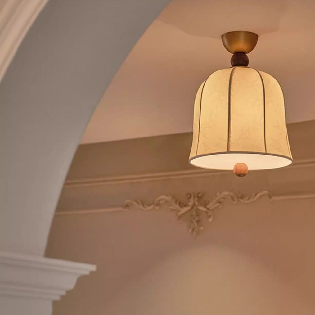 Traditional French Round Birdcage Shape Fabric Wood Metal 1-light Semi-flush Mount Ceiling Light for Living Room